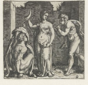 ホルンを吹く牧神としゃがむ男性に挟まれた三日月を持つ女性 作： Marcantonio Raimondi