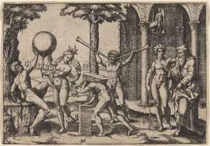 2 つのトランペットを持つ男 作： Marcantonio Raimondi after Baccio Bandinelli