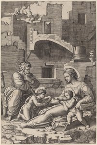 幼い洗礼者聖ヨハネのいる聖家族 (太腿の聖母) 作： Marcantonio Raimondi after Raphael