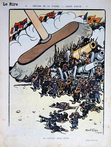 新しいロシアの箒」1914年12月5日付「Le Rire」誌掲載の漫画（カラーリトグラフ）
