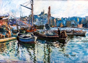 マルセイユの港、c1920 作： Marcel Leprin
