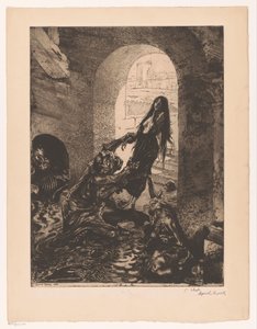 怪物は戸口に立っている女性をつかみます Offrande à Moloch (オブジェクトのタイトル) 快楽の少女（シリーズタイトル） Fille de Joï (オブジェクトのシリーズ タイトル) 作： Marcel Roux (signed by artist)