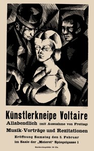1916 年 2 月 5 日のキャバレー ヴォルテールのオープニングのポスター - マルセル スロドキ (1892-1944)。 リソグラフィー