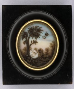 プラーク、1880年頃（ガラス、金箔、木、ガラスに水彩とヘアワーク）