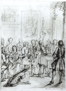 モンタギューハウスでのコンサート、1736年（紙に鉛筆とペンでペンとインク） 作： Marcellus the Younger Laroon