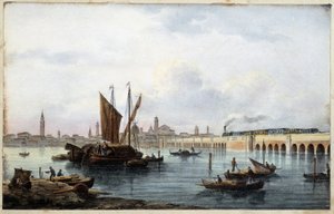 Marco Moro ed. Gio Brize-Ghelが描いた "Album of the Main View of Venice "の中のラグーンにかかる橋。Gio Brise-Ghel n.d. 1840年。 作： Marco (after) Moro