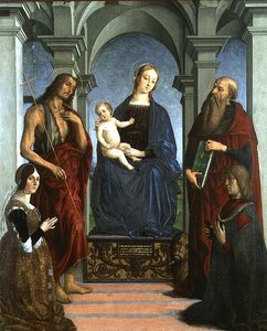 聖ジェロームと洗礼者ヨハネとドナーのいるマドンナと子供（パネル 作： Marco (attr. to) Meloni