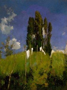 マルコ・カルデリーニ（1850-1941）作「洗濯場の草地」19世紀最後の四半期、油彩・キャンバス、65x51cm。イタリア 作： Marco Calderini