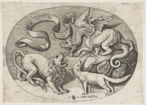 互いに戦うライオン、ドラゴン、キツネ、頭上に刻まれたバンデロール、楕円形の c..., ca. 1515-27。 作： Marco Dente