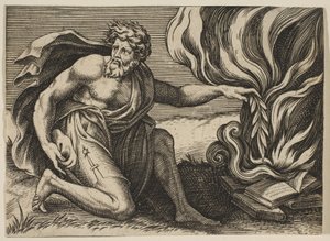 燃える本の山に月桂樹の枝をひざまずいて配置する男。 1515-27。 作： Marco Dente