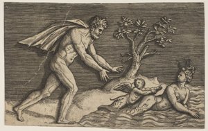 ネイドとキューピッドを水中に追い込む裸の男。 1515-27。