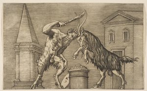 サテュロスとラムが互いに攻撃し、サテュロスが右手でクラブを振り回している...、ca。 1515-27。
