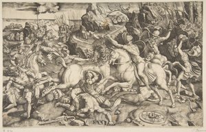 馬に乗った兵士と数人の倒れた男性、別の...、ca。 1520。 作： Marco Dente