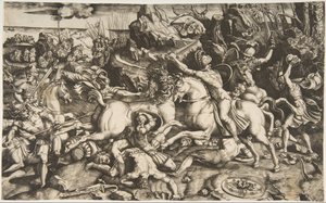馬に乗った兵士と数人の倒れた男性、別の...、ca。 1520。 作： Marco Dente