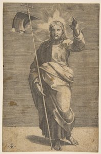キリストは前を向いて立っており、バナーの付いた十字架を持ち、左を上げています...、ca。 1515-27。 作： Marco Dente