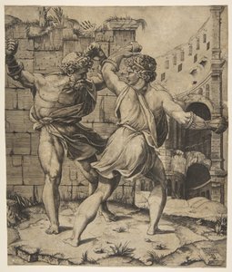 1520-25年の古典的な廃墟の前で戦うエンテルスとダーレス。 作： Marco Dente