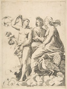 会話をする雲の中のジュノー、セレス、プシュケ。 1515-27。 作： Marco Dente