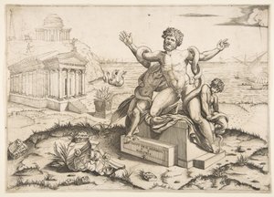 Laocoönと彼の2人の息子が台座、Mi ...の寺院に蛇に襲われている。 1515-27。 作： Marco Dente