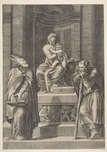 左の聖ヨセフと右の聖母の祭壇の前に立つ司教...、ca。 1515-27。 作： Marco Dente