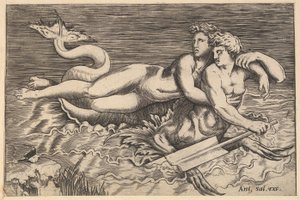 ローマの壮大なガラス、ニンフを運ぶトリトン、16世紀。 作： Marco Dente