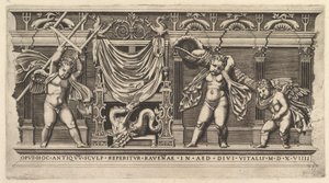 壮大なローマ時代のガラス：3つのキューピッドの浅浮き彫り、1519。 作： Marco Dente