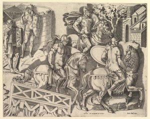 Speculum Romanae Magnificentiae:橋を渡るローマの騎兵（トラヤヌスのC...16世紀 作： Marco Dente