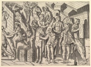 16世紀のトラヤヌスの柱のローマのガラス製の壮麗なローマの騎手。 作： Marco Dente