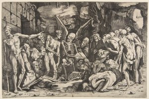 スケルトン、衰弱した男性と女性のグループは、1515-27に置かれたスケルトンの周りに集まりました。