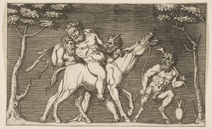 シレヌスをラバの上に乗せる2人のサテュロスと、右にいる3人目のサテュロス 1515-27年頃 作： Marco Dente