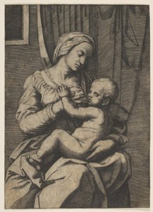 1515-20年、膝の上で幼児のキリストを看護する処女。 作： Marco Dente