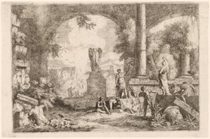 古典的な雄弁家を見つめる男性と古代遺跡の奇想曲 作： Marco Ricci