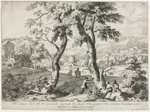 前景に人物が描かれた村の眺め、1723年。 作： Marco Ricci