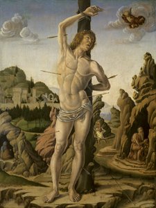 聖人ジェローム、アンソニーアボット、クリストファーと岩の多い風景の中の聖セバスチャン、1475-78年頃 作： Marco Zoppo
