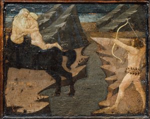 戦いの場面とヘラクレスの労苦の場面を描いたカッソーネ、イットレー、フロレンス 1460年頃 テンペラ、ジェッソ、木 作： 