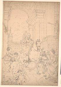 絵の下書き: デンマークとノルウェーは Chr に敬意を表します。 VI (1794 年にクリスチャンスボーで焼失) 作： Marcus Tuscher