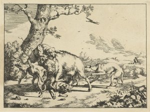 4匹の猟犬に襲われるイノシシ 猟犬（シリーズタイトル） 作： Marcus de Bye