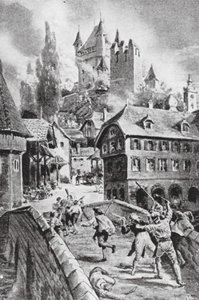 1804年のヴァーデンシュヴィル城の焼失（リトグラフ） 作： マーガレット（後）ドヴァストン