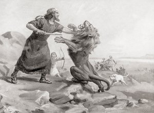 ライオンを倒すティグラト＝ピレセル（ハッチンソン著『諸国民の歴史』1915年刊より 作： マーガレット（後）ドヴァストン