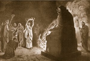モロクに捧げられたフェネキアの生贄、「ハッチンソンの民族史」の挿絵、1910-15年頃（リトグラフ）。