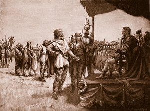 クラウディウスの前のカラクタカス、「ハッチンソンの英国国家物語」の挿絵、1920年頃（リトグラフ）。