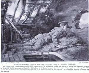 1914年10月、ゲフベルトの廃墟となったコテージから狙撃するバーウィック中隊軍曹少佐（リトグラフ） 作： Margaret Dovaston