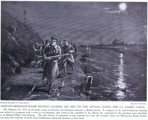 ラ・バッセ運河沿いで部下を率いるシーマン少佐中隊長 1915年2月（リトグラフ）