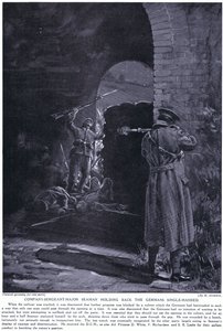 1915年2月、片手でドイツ軍の攻撃を食い止めたシーマン少佐がDCMを受賞（リトグラフ）