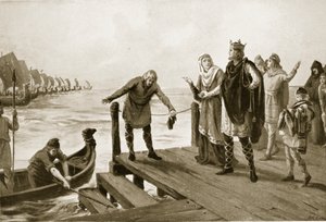 海軍閲兵式を行う平和主義者エドガー、「ハッチンソンの英国国家物語」の挿絵、1920年頃（リトグラフ）。 作： マーガレット・ドヴァストン