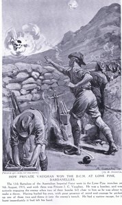 1915年8月、ローンパイン・ダーダネルス海峡でDCMを獲得したヴォーン一等兵（リトグラフ） 作： マーガレット・ドヴァストン