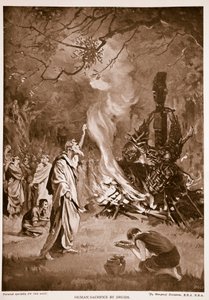 ドルイド教徒による人身御供、「ハチソンの英国国家物語」の挿絵、1920年頃（リトグラフ）。 作： マーガレット・ドヴァストン