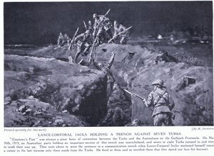 1915年5月、ジャッカ伍長が1人で7人を倒す方法を示し、VCを獲得（リトグラフ）
