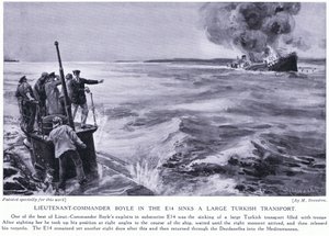 E14のボイル中佐がトルコの大型輸送船を撃沈 1915年（リトグラフ） 作： マーガレット・ドヴァストン