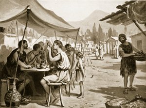 公衆の食卓で食事をするスパルタ人（「ハッチンソンの国史」より 作： マーガレット・ドヴァストン