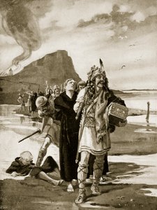 リンディスファーンの略奪、「ハッチンソンの英国国家物語」の挿絵、1920年頃（リトグラフ）。 作： マーガレット・ドヴァストン